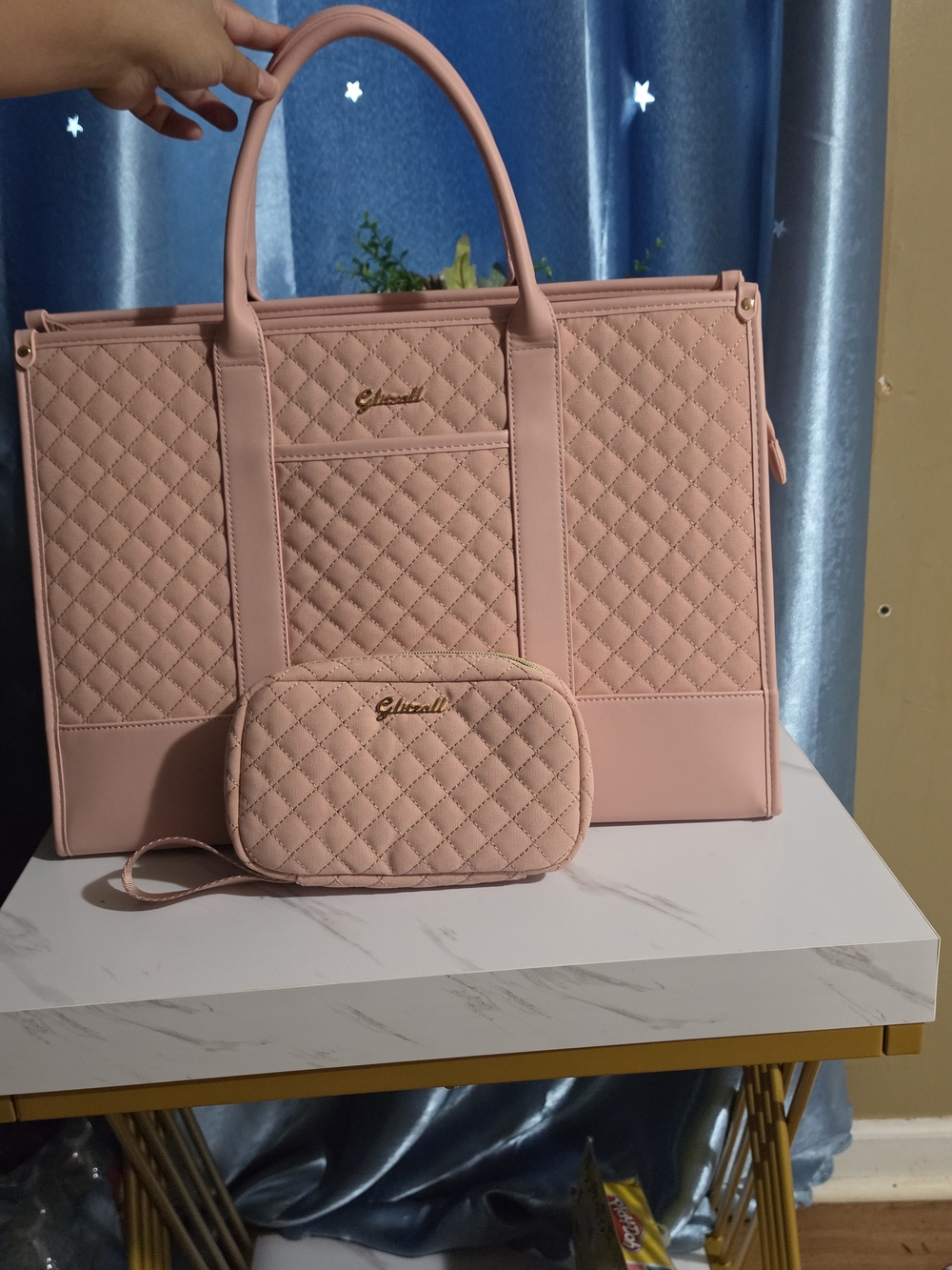 Quilted Tote Bag with Matching Wristlet - Pink